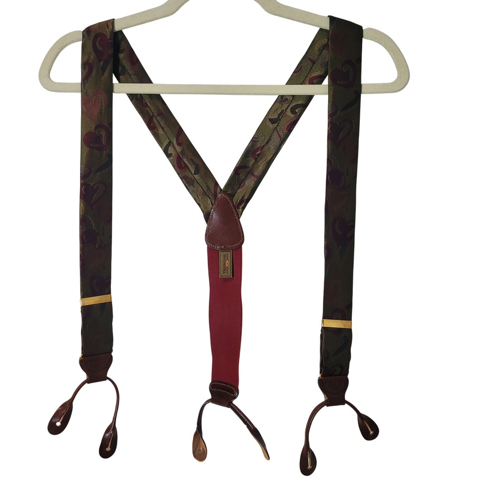 Trafalgar Mens Heart Pattern Suspenders Braces Tan Burgundy Pink Leather Ends